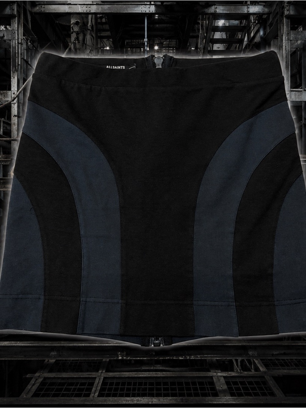 Allsaints Neville black blue colorblock mini skirt exposed zip y2k archive